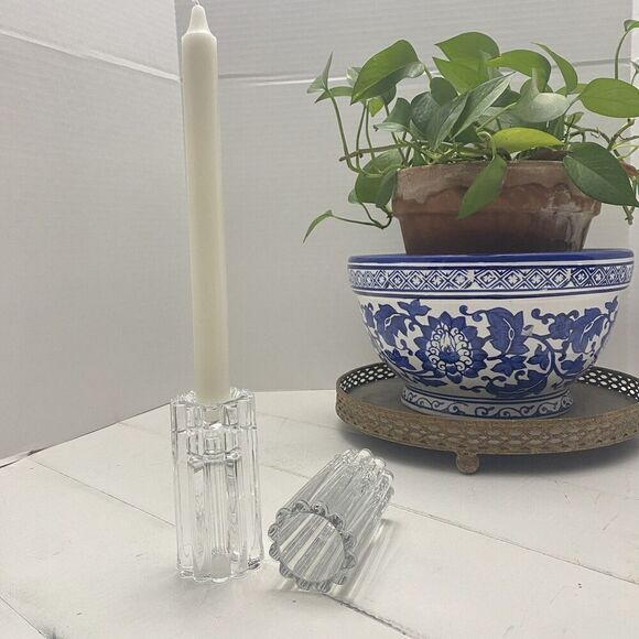 Vintage Pair Ribbed Crystal Glass 4.25" Taper Votive Reversible Candle Holders - Picture 2 of 6